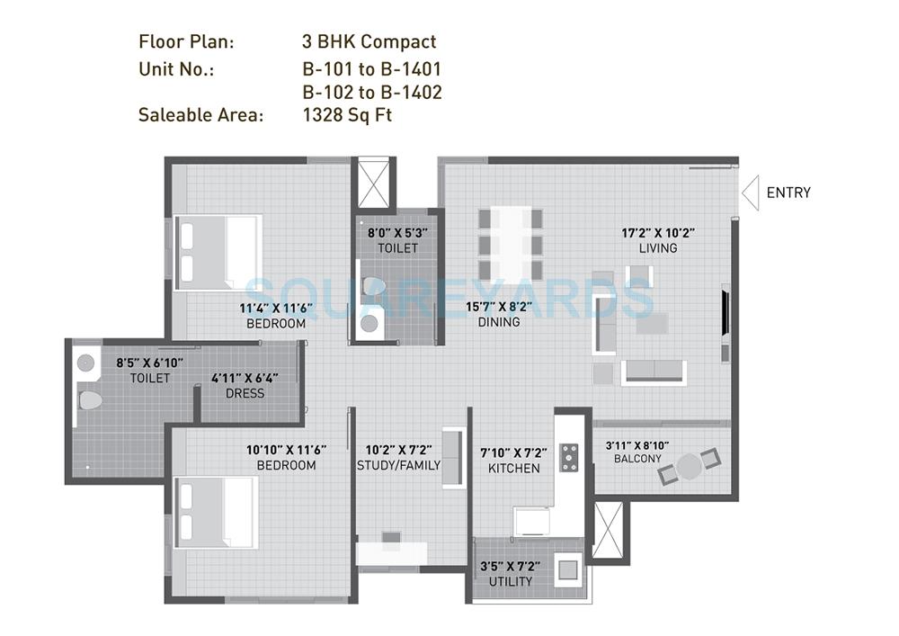 Floor plan of 2 BHK 1328 Sq. Ft. Apartment in Arvind Sporcia, Bangalore