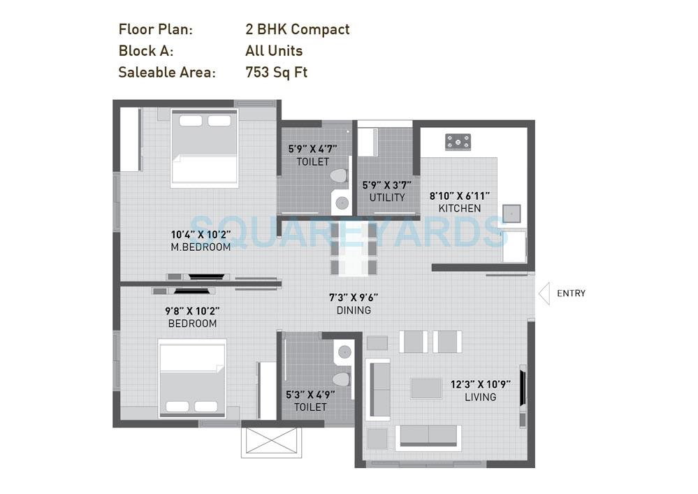 Floor plan of 2 BHK 753 Sq. Ft. Apartment in Arvind Sporcia, Bangalore
