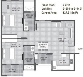 Floor plan of 2 BHK 827 Sq. Ft. Apartment in Arvind Sporcia, Bangalore