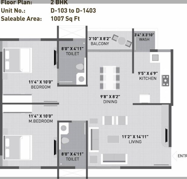 Floor plan of 2 BHK 1007 Sq. Ft. Apartment in Arvind Sporcia, Bangalore