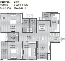 Floor plan of 3 BHK 1132 Sq. Ft. Apartment in Arvind Sporcia, Bangalore