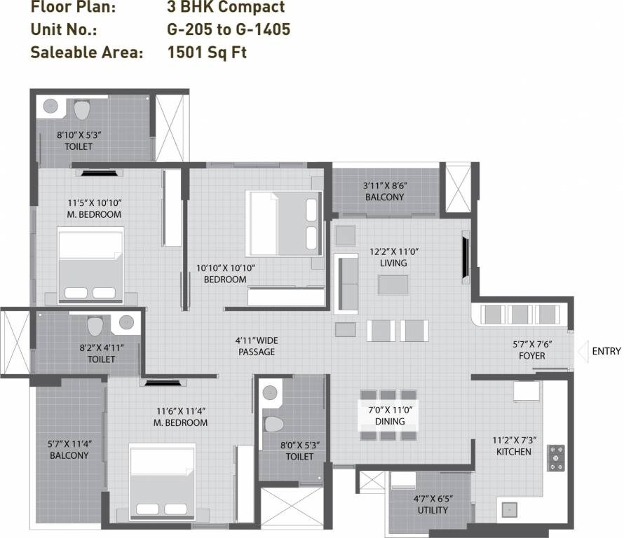 Floor plan of 3 BHK 1501 Sq. Ft. Apartment in Arvind Sporcia, Bangalore