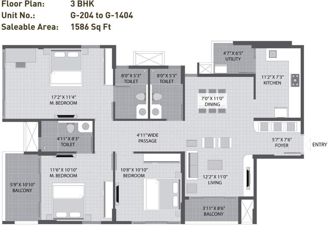 Floor plan of 3 BHK 1586 Sq. Ft. Apartment in Arvind Sporcia, Bangalore