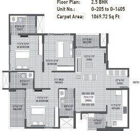 Floor plan of 3 BHK 1069 Sq. Ft. Apartment in Arvind Sporcia, Bangalore