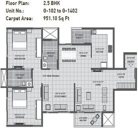 Floor plan of 3 BHK 951 Sq. Ft. Apartment in Arvind Sporcia, Bangalore