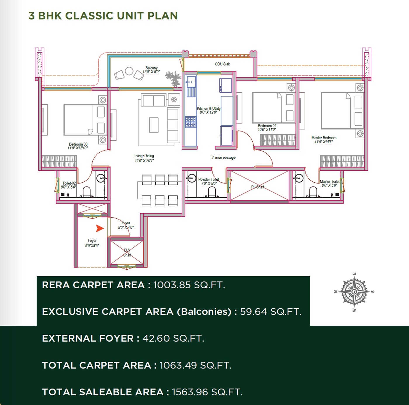 Floor plan of 3 BHK 1563 Sq. Ft. Apartment in Arvind Sylva, Bangalore