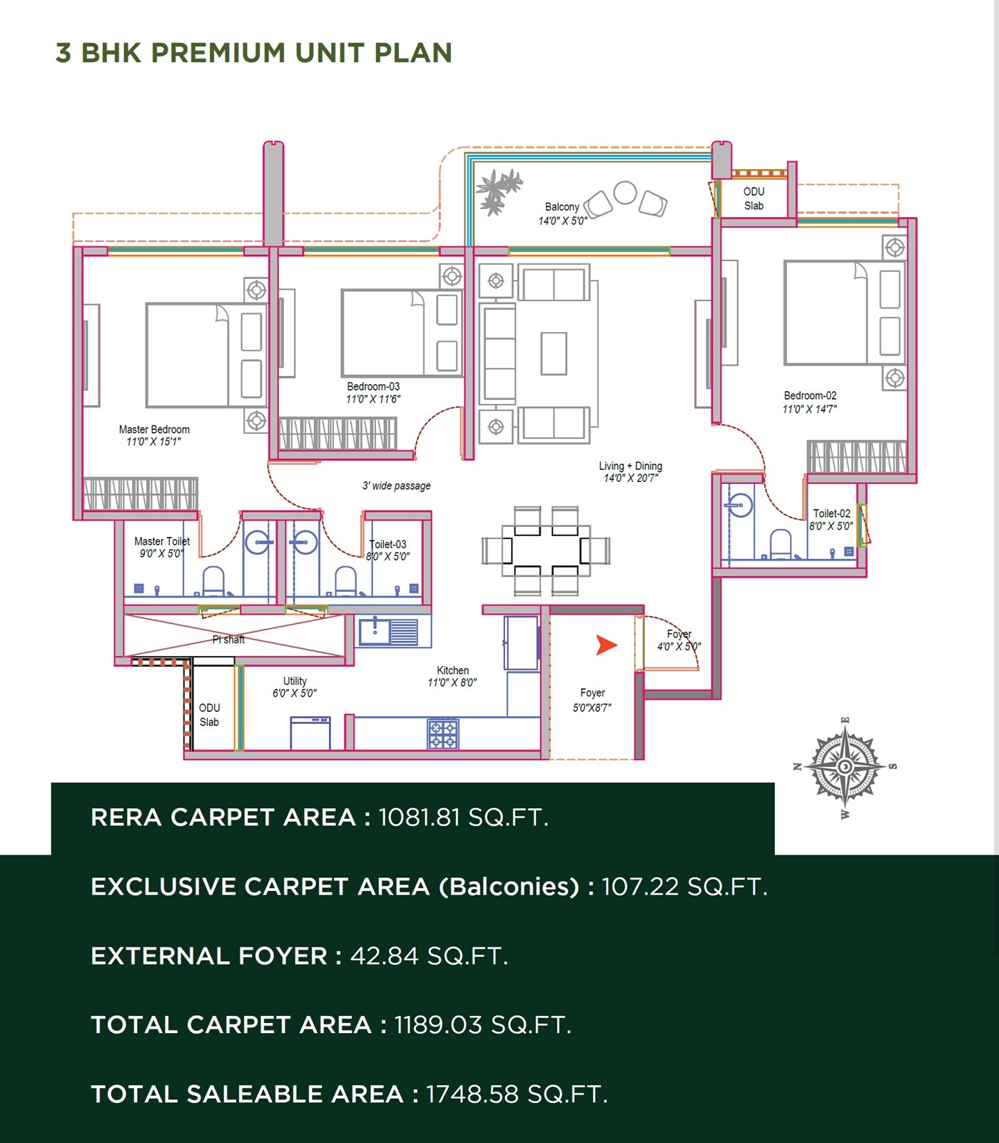 Floor plan of 3 BHK 1748 Sq. Ft. Apartment in Arvind Sylva, Bangalore