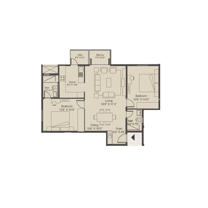 Floor plan of 2 BHK 1147 Sq. Ft. Apartment in Arya Hamsa, Bangalore