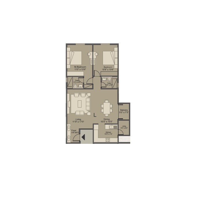 Floor plan of 2 BHK 1224 Sq. Ft. Apartment in Arya Hamsa, Bangalore