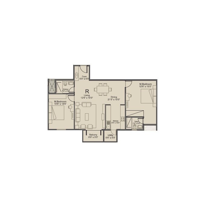 Floor plan of 2 BHK 1255 Sq. Ft. Apartment in Arya Hamsa, Bangalore