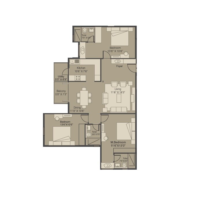 Floor plan of 3 BHK 1358 Sq. Ft. Apartment in Arya Hamsa, Bangalore