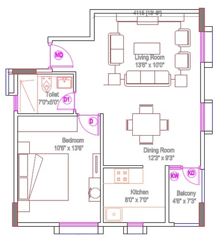 Floor plan of 1 BHK 728 Sq. Ft. Apartment in Arya Hamsa Grande, Bangalore