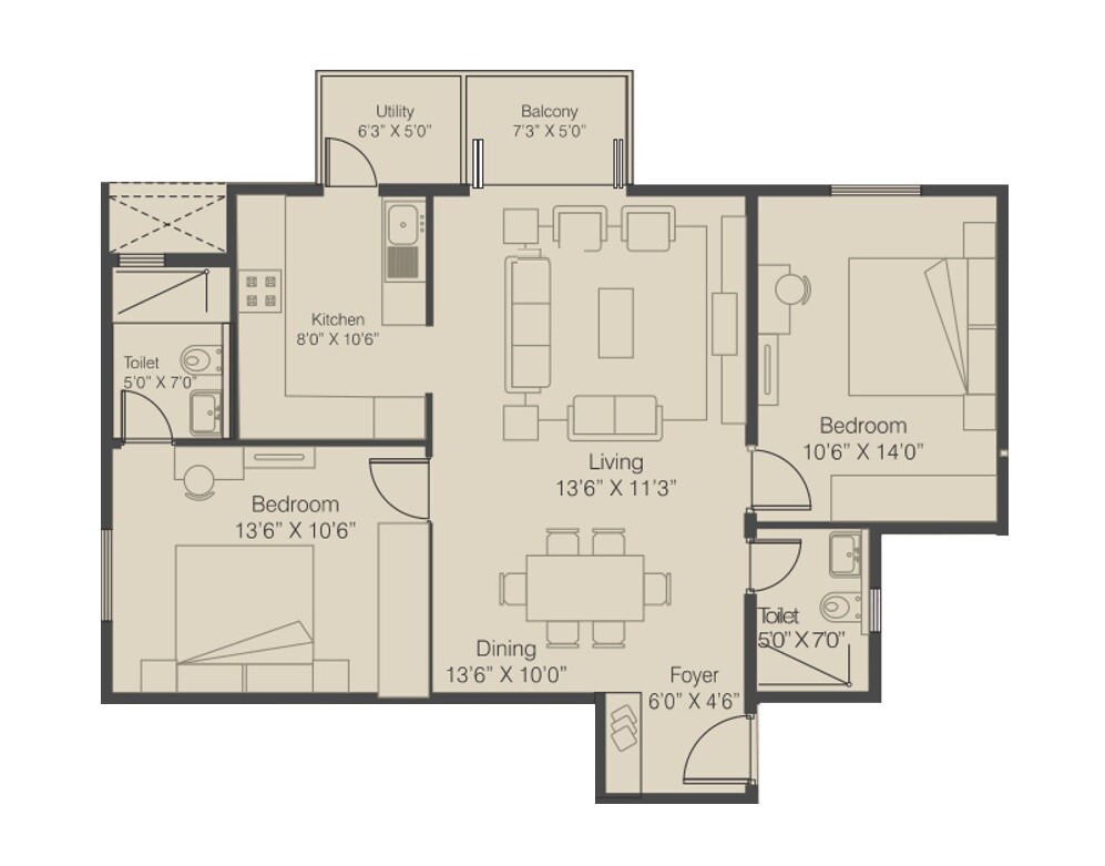 Floor plan of 2 BHK 1010 Sq. Ft. Apartment in Arya Hamsa Grande, Bangalore
