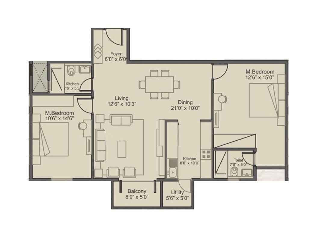 Floor plan of 2 BHK 1273 Sq. Ft. Apartment in Arya Hamsa Grande, Bangalore