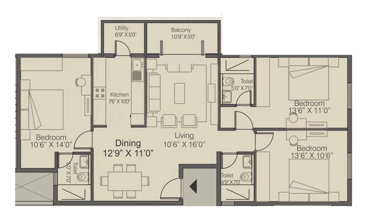 Floor plan of 3 BHK 1358 Sq. Ft. Apartment in Arya Hamsa Grande, Bangalore