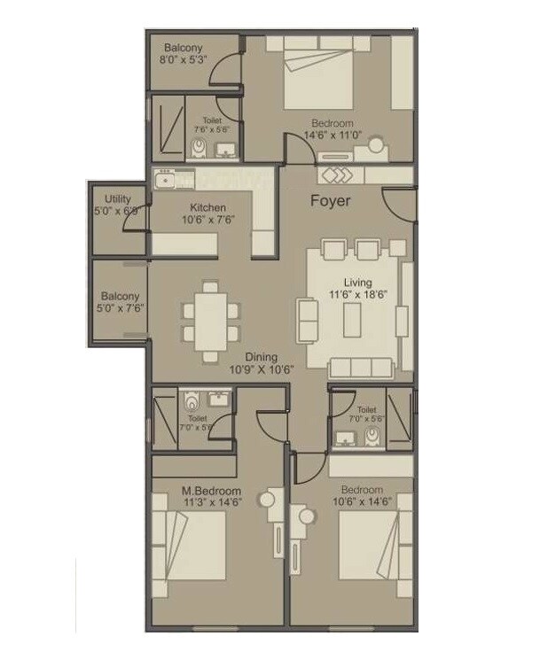 Floor plan of 3 BHK 1518 Sq. Ft. Apartment in Arya Hamsa Grande, Bangalore