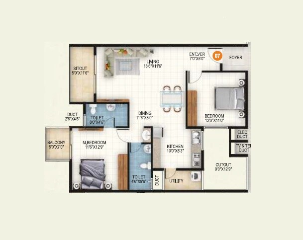Floor plan of 2 BHK 1290 Sq. Ft. Apartment in Aryan 1 Celeste, Bangalore