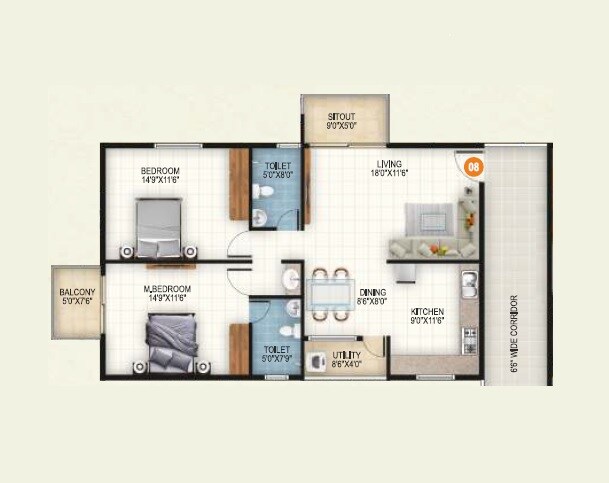 Floor plan of 2 BHK 1320 Sq. Ft. Apartment in Aryan 1 Celeste, Bangalore