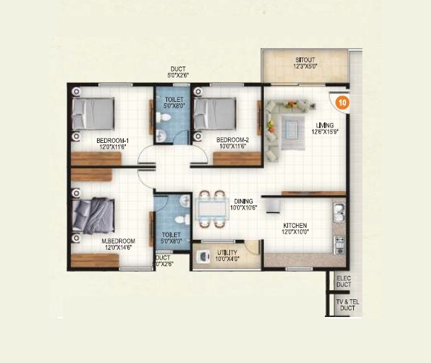 Floor plan of 3 BHK 1455 Sq. Ft. Apartment in Aryan 1 Celeste, Bangalore