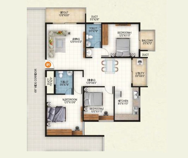 Floor plan of 3 BHK 1695 Sq. Ft. Apartment in Aryan 1 Celeste, Bangalore