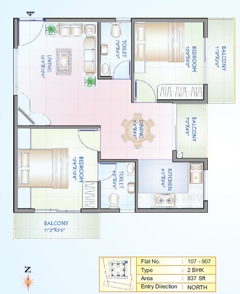 2 BHK 837 Sq. Ft. Apartment