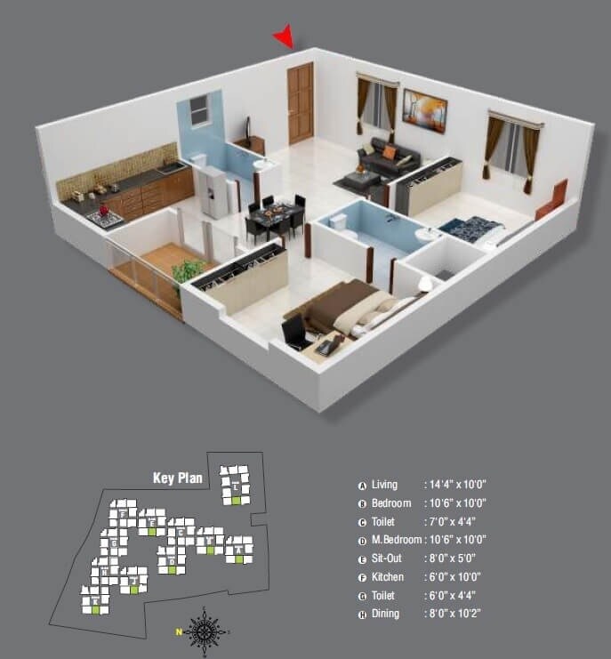 Floor plan of 2 BHK 829 Sq. Ft. Apartment in Aryan Golden Arena Bidaraguppe, Bangalore