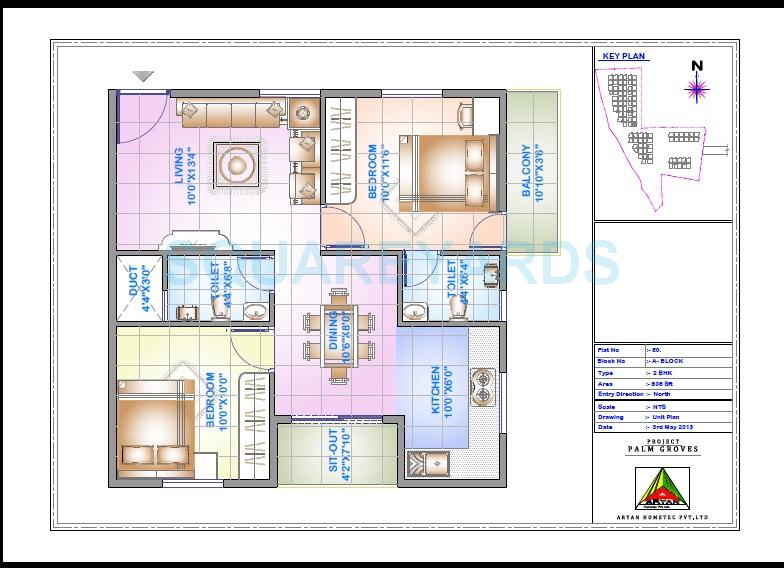 Floor plan of 2 BHK 806 Sq. Ft. Apartment in Aryan Hometec Palm Groves, Bangalore