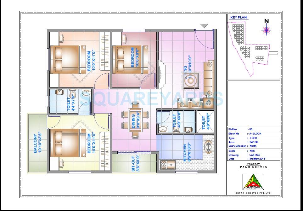 Floor plan of 3 BHK 942 Sq. Ft. Apartment in Aryan Hometec Palm Groves, Bangalore