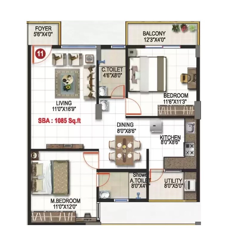 Floor plan of 2 BHK 1085 Sq. Ft. Apartment in Aryan Krishnaa Divine, Bangalore