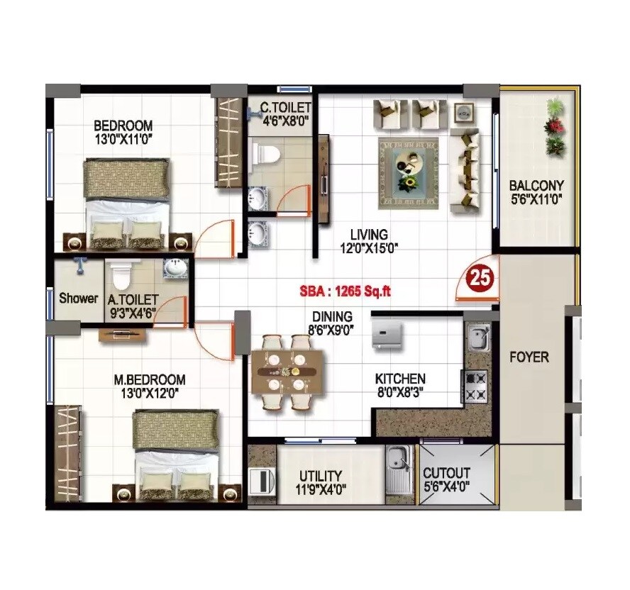 Floor plan of 2 BHK 1265 Sq. Ft. Apartment in Aryan Krishnaa Divine, Bangalore