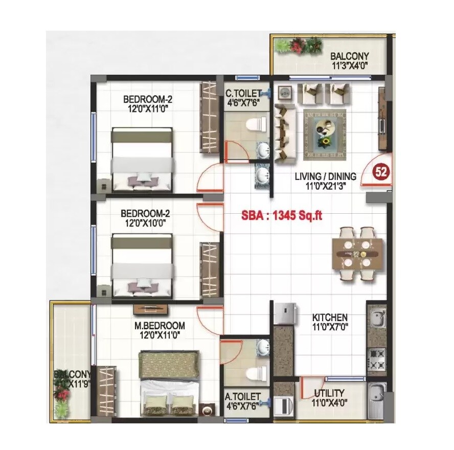 Floor plan of 3 BHK 1345 Sq. Ft. Apartment in Aryan Krishnaa Divine, Bangalore