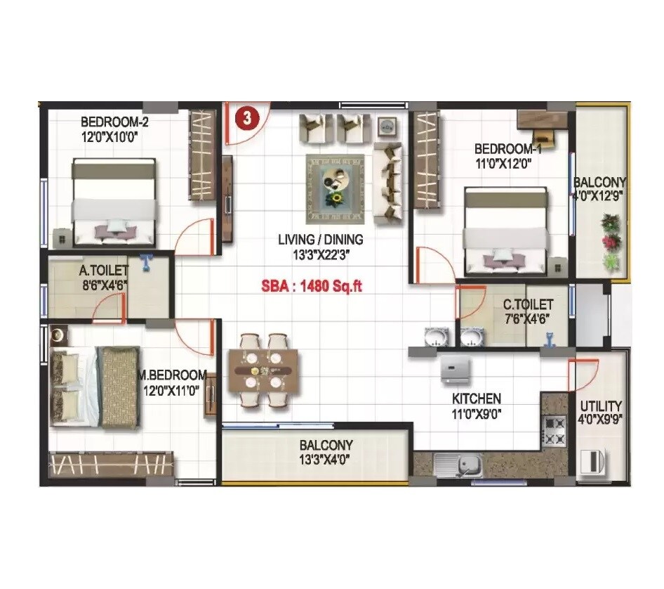 Floor plan of 3 BHK 1480 Sq. Ft. Apartment in Aryan Krishnaa Divine, Bangalore