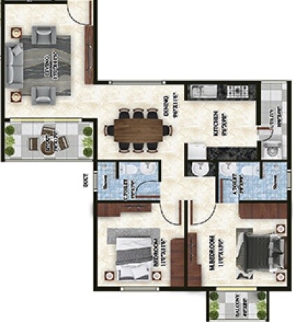 Floor plan of 2 BHK 1300 Sq. Ft. Apartment in Aryan Opulence, Bangalore