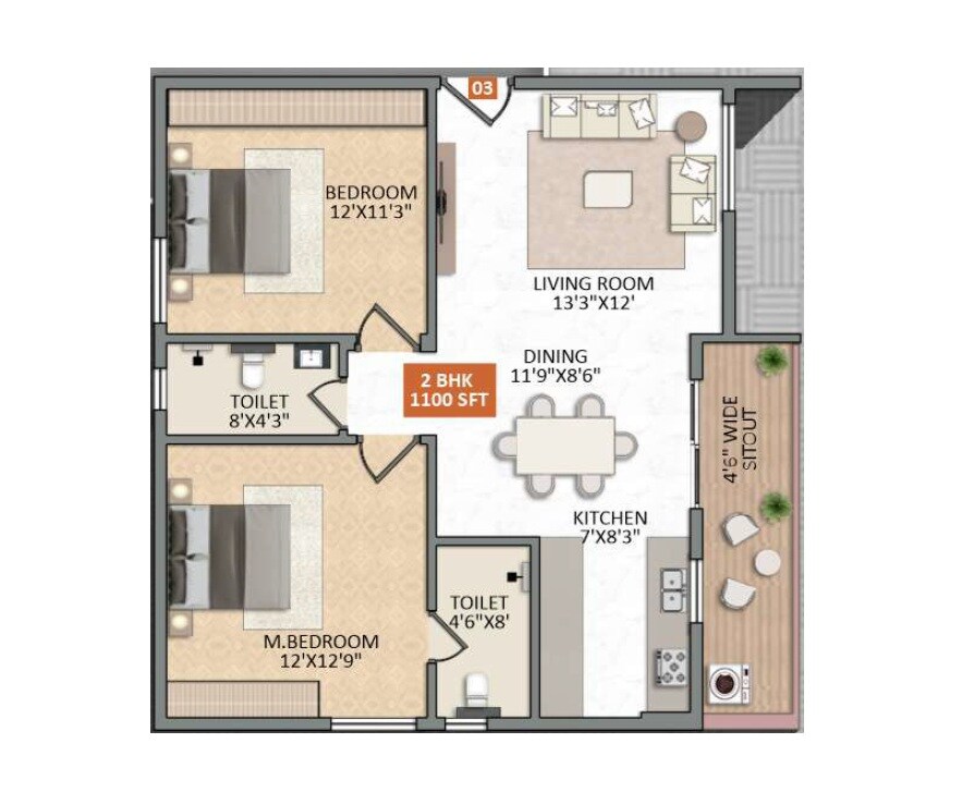 2 BHK 1100 Sq. Ft. Apartment