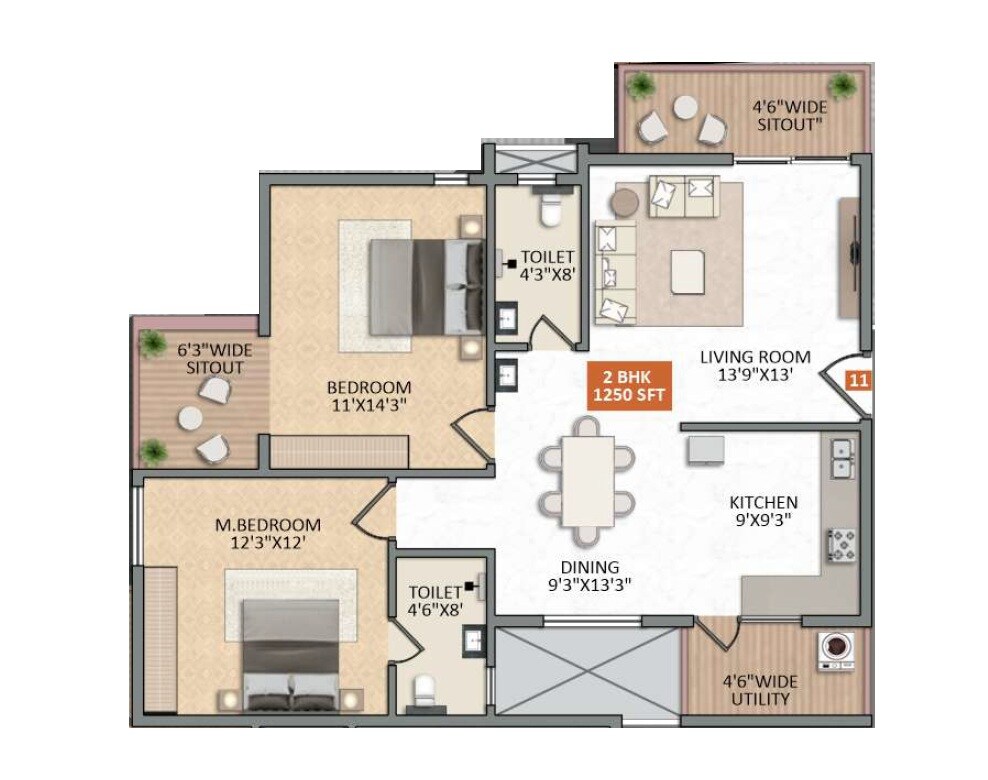 Floor plan of 2 BHK 1250 Sq. Ft. Apartment in Aryas Avadana, Bangalore