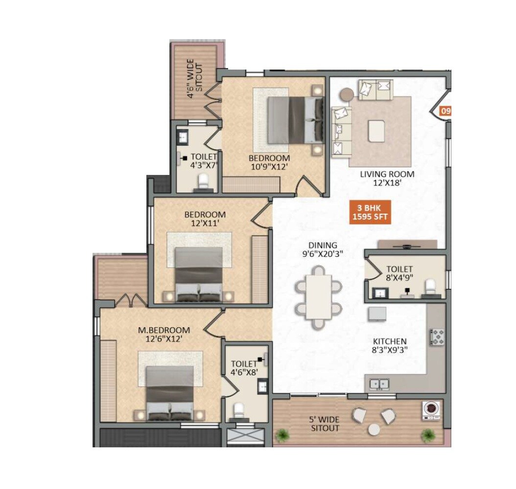 3 BHK 1595 Sq. Ft. Apartment