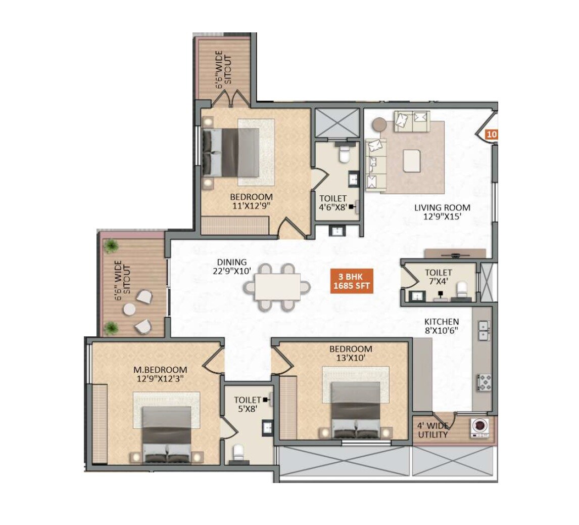 Floor plan of 3 BHK 1685 Sq. Ft. Apartment in Aryas Avadana, Bangalore