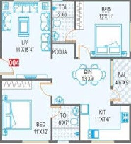 Floor plan of 2 BHK 1060 Sq. Ft. Apartment in Aryav Green Fields, Bangalore