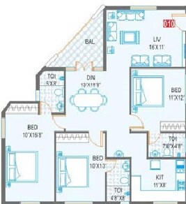 Floor plan of 3 BHK 1491 Sq. Ft. Apartment in Aryav Green Fields, Bangalore