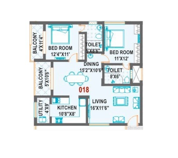 Floor plan of 2 BHK 1150 Sq. Ft. Apartment in Aryav Windfields, Bangalore