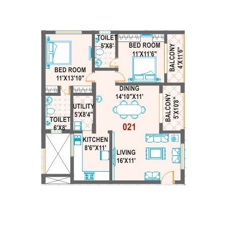 Floor plan of 2 BHK 1329 Sq. Ft. Apartment in Aryav Windfields, Bangalore