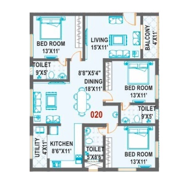 Floor plan of 3 BHK 1499 Sq. Ft. Apartment in Aryav Windfields, Bangalore