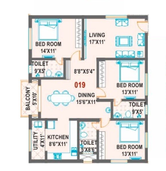 Floor plan of 3 BHK 1756 Sq. Ft. Apartment in Aryav Windfields, Bangalore