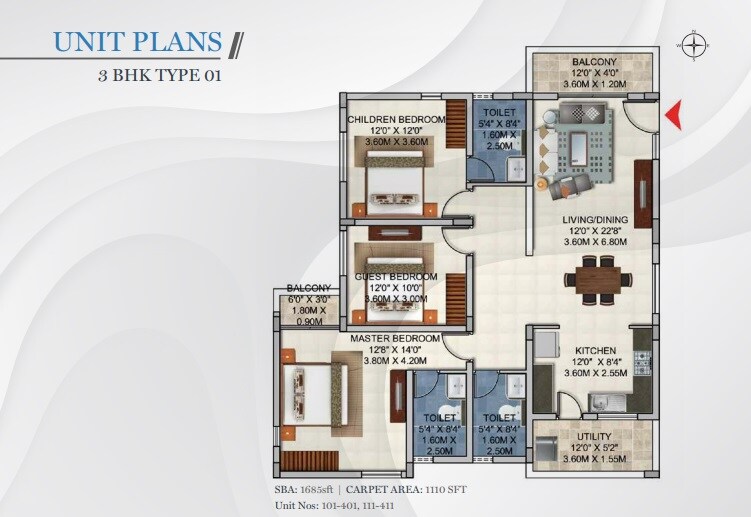 Floor plan of 3 BHK 1685 Sq. Ft. Apartment in Aryavaridhi AV Sunrise, Bangalore