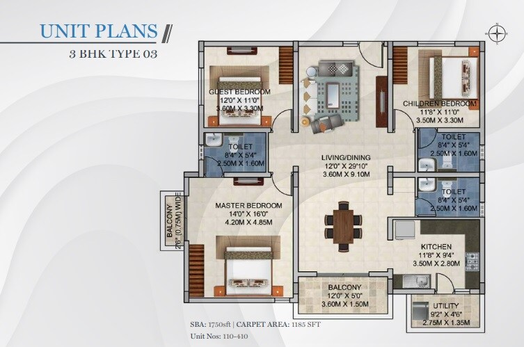 Floor plan of 3 BHK 1751 Sq. Ft. Apartment in Aryavaridhi AV Sunrise, Bangalore