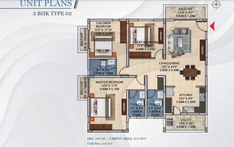 Floor plan of 3 BHK 1808 Sq. Ft. Apartment in Aryavaridhi AV Sunrise, Bangalore