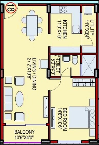 Floor plan of 1 BHK 823 Sq. Ft. Apartment in Ashish A N Reddy Apartment, Bangalore