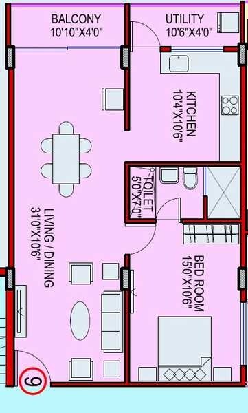 Floor plan of 1 BHK 935 Sq. Ft. Apartment in Ashish A N Reddy Apartment, Bangalore