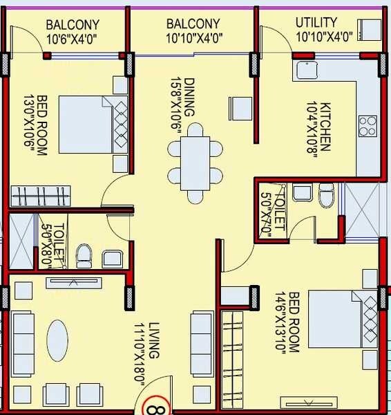 Floor plan of 2 BHK 1375 Sq. Ft. Apartment in Ashish A N Reddy Apartment, Bangalore
