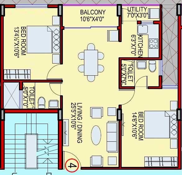 Floor plan of 2 BHK 977 Sq. Ft. Apartment in Ashish A N Reddy Apartment, Bangalore